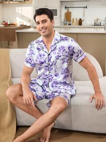 Conjunto de pijama elegante de satén con estampado floral para hombres