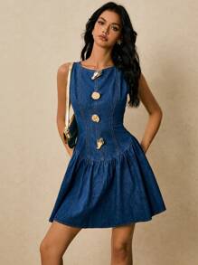 Poéselle Abito in denim alla moda con scollo rotondo e maniche arricciate, decorato in metallo, da donna - Blu lavato medio - Visualizzare 8