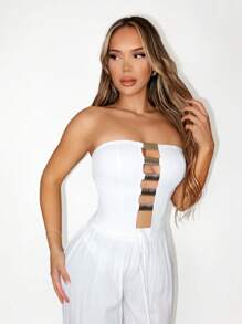 SHEIN Unity Cropped Feminino Sexy com Decor Metálico Vazado, Verão - Branco - Visão 6