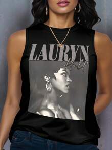 Maweii Regata Feminina Estampada Simples Plus Size, Casual - Preto - Visão 1