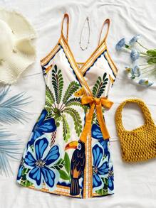 Soleia Women's Vacation Tropical Palm Tree & Leaf Spaghetti Strap Mini Wrap Dress Aloha Outfits Women Print - Multicolor - View 5