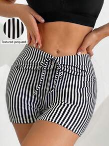 Swim Basics 女士夏季海滩度假抽绳条纹面料短裤泳裤 - 黑與白 - 查看 7