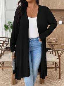 EMERY ROSE 大码女式纯色薄款长袖开衫披肩 - 黑色 - 查看 6