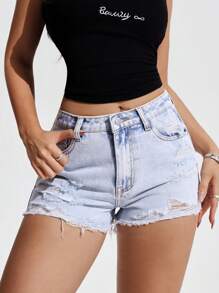 SHEIN EZwear 女式休闲水洗破洞牛仔短裤 - 淺色水洗藍 - 查看 3