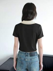 K-Vae Women's Summer Contrasting Color Edge T-Shirt, College Style T-Shirt, Daily Casual V-Neck Stretch Short-Sleeved T-Shirt