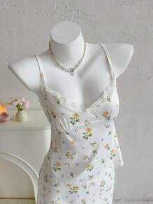 Sweetina 2 件套女式娃娃装家居服缎面蕾丝碎花吊带背心和迷你裙套装 - 彩色 - 查看 3