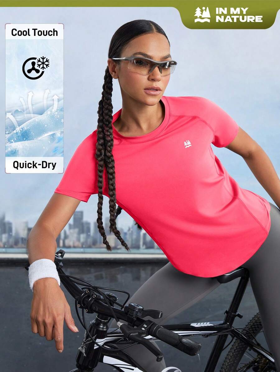 In My Nature Women's Fashionable Simple Solid Color Cut Hem Outdoor T-Shirt - Watermelon Pink - View 1