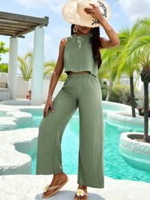 SHEIN Stylish Long Vacation T-Shirt Co-Ords For Teen Girls In Lightweight Olive Green Fabric Two Piece Pants Set Women Two Piece Sets Green Two Piece Set Casual Two Piece Set Vacation Two Piece Set - Olive Green - View 8