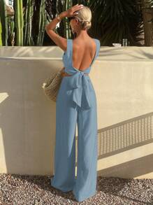 Livesso 2pcs Women Summer Solid Tie Back Sleeveless Shirt And Pants Set Vacation