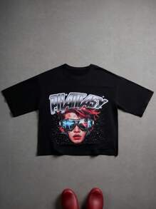 Manfinity Camiseta de Moda Callejera para Hombres Estilo Hip Hop Americano con Estampado de Retrato de Cabeza Grande de Doble Cara de Dibujos Animados - Negro - Ver 6