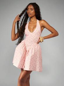 MISSGUIDED فستان صيفي بنمط زهري على شكل هلتر، قصير، من قماش كتان، مناسب لحفلات الحديقة الصيفية، حفلات الزفاف ، مكشكش في الخصر إمبراطوري، تصميم خط A متوسط الطول - متعدد الألوان - مشاهدة 3