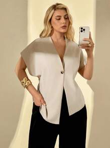 Auralis Plus Size Summer Easter Business Casual Elegant Commuting Going Out Tops Office Work Church Airport Easter Curve Old Money Style Solid Color Bat Sleeve Single-Button Thin Blazer In Fall/Winter - Apricot - View 1
