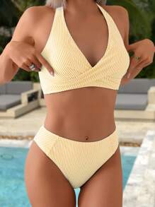 Swim Mod 2 件套女士春假条纹随机印花交叉露背上衣和拼接泳裤，夏季沙滩泳衣 - 彩色 - 查看 3