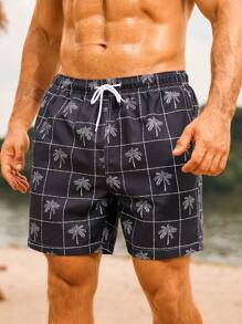 Manfinity Swimmode Men's Palm Tree Print Drawstring Waist Beach Shorts - Black - View 6