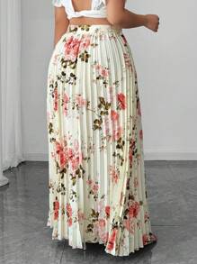 SHEIN Unity 大码女式优雅浪漫花卉印花腰部褶皱飘逸半身裙 - 彩色 - 查看 4