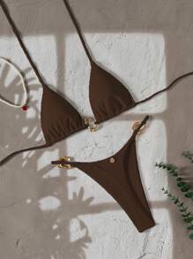 Swim Vcay Ensemble de bikini femme nouvelle mode, couleur unie, décolleté ras-du-cou, dos nu, décoration métallique, sexy triangle, été plage