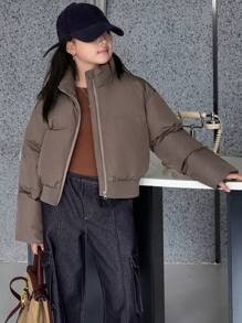 DAZY Abrigo corto acolchado de invierno de unicolor holgado con capucha para niñas preadolescentes