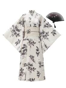 Irokai 花卉印花交叉裹身优雅蝙蝠袖浴衣 - 杏色 - 查看 1