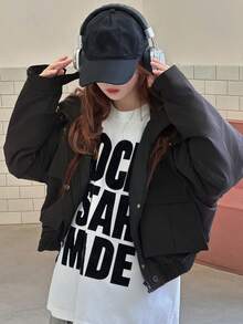 DAZY Teens (Girls) Hooded Casual Loose Winter Korean Style Solid Color Long Sleeve Padded Coat - Black - View 2
