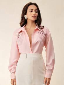 Anewsta Chemise ample à manches dolman de couleur unie avec un design ajouré à broderie florale 3D