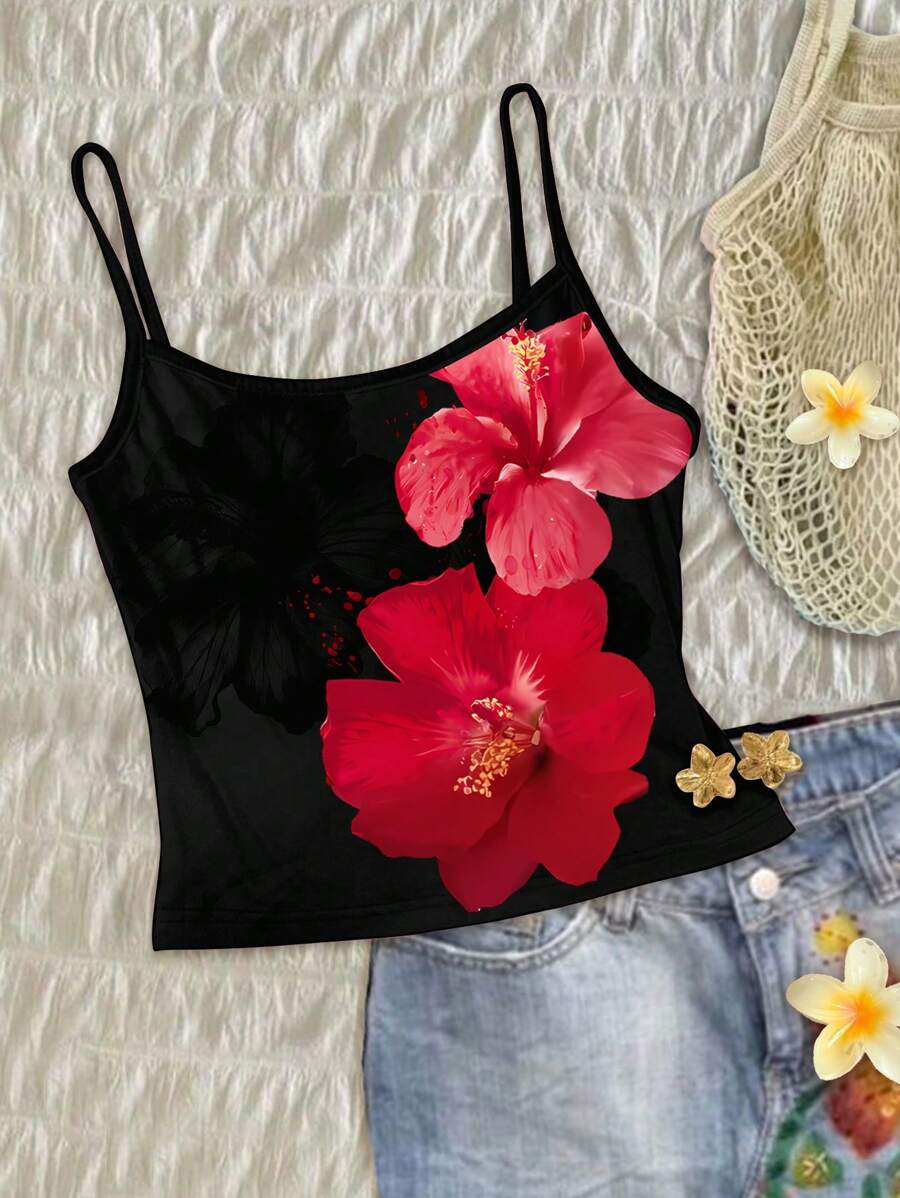 SHEIN Leap Crew Tween Girls Fitted Casual Vintage Style Vacation Tropical Red Floral Placement Print, Black Athletic Cami Tank Basic Top - Multicolor - View 1