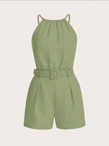 EMERY ROSE Solid Belted Cami Romper For Summer - Olive Green - View 3