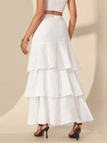 Almamuse Women High Waist Embroidered White Eyelet Skirt,Elegant Classy Summer Vacation Holiday Layered Ruffled Slit Tiered Ruffle Skirts Fall Cloth For Women - White - View 2