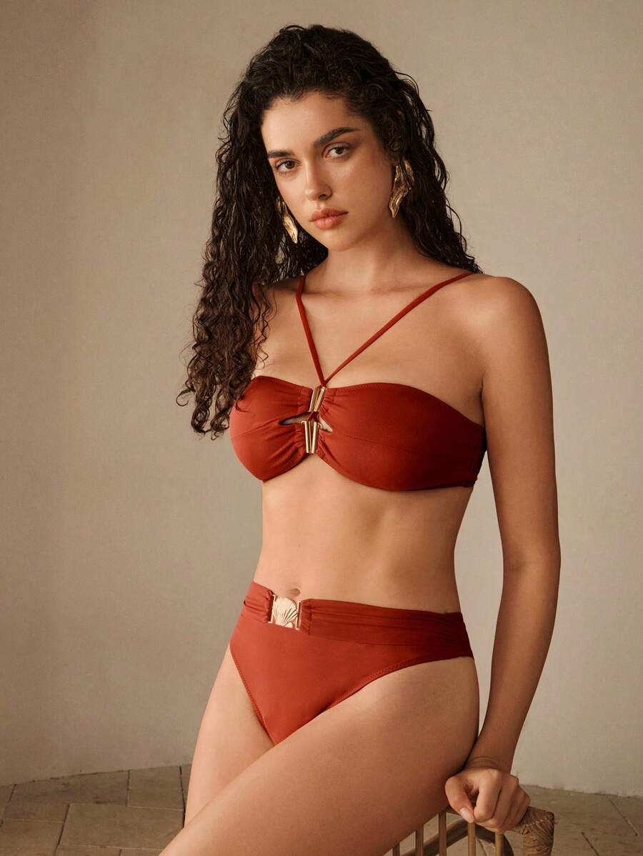 Elaire Women Summer Beach Solid Color Metal Decor Sexy Bikini Bottom - Mocha Brown - View 1