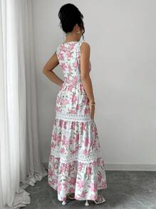 Elenzga 女士花卉印花撞色蕾丝无袖度假连衣裙（图案随机剪裁）