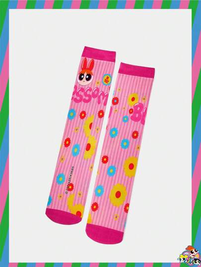 THE POWERPUFF GIRLS X SHEIN 1 Pair Women's Floral Cartoon Print Mid-Calf Socks