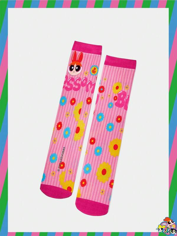 THE POWERPUFF GIRLS X SHEIN 1 par de calcetines hasta la pantorrilla con estampado floral y de dibujos animados para mujer