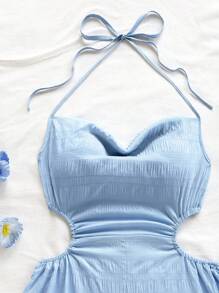 Soleia 女士度假风系带垂坠领露腰连体衣，宽松下摆，适合派对、下午茶、城市街头穿着 - 淺藍色 - 查看 5