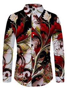 Manfinity AFTRDRK 男士复古花卉图案印花长袖衬衫，适合春秋季节，休闲舒适衬衫可作为礼物 男士真丝衬衫 男士奢华衬衫 抽象印花长袖衬衫 男士印花衬衫 奢华印花衬衫 - 彩色 - 查看 3