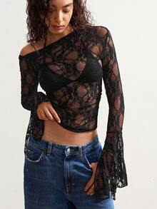 Bohemela 休闲纯色针织不对称领口喇叭袖修身短款女式上衣 - 黑色 - 查看 4