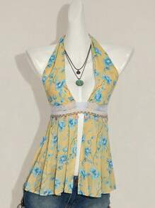 SHEIN ICON Y2k 西部波西米亚风娃娃装乡村露背外出黄色性感花卉印花挂脖衬衫夏季 - 黃色 - 查看 5