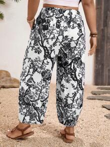 SHEIN Clasi 大码女式花卉印花口袋锥形休闲七分裤