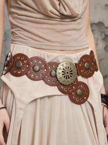 ROMWE Hippie 1 pieza Cinturón de mujer con hebilla hueca con flor marrón, decoración de flor redonda, estilo bohemio occidental para vaqueros casuales, accesorio versátil