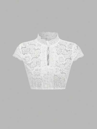 Fairmaia German Traditional Women Lace Stand Collar Cap Sleeve Top, Dirndl