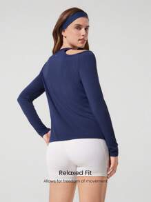 GLOWMODE TENCEL™ 莫代尔活力轻盈丝滑不对称肩部镂空长袖圆领运动上衣低冲击瑜伽普拉提健身房工作室日常休闲装 - Dark Blue - 查看 2