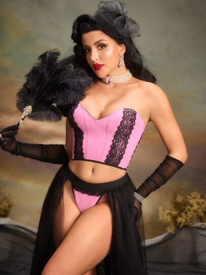 2pcs Vintage Fishbone Waist Drawstring Satin Floral Lace Elegant Women's Shapewear Set, Pink & Black