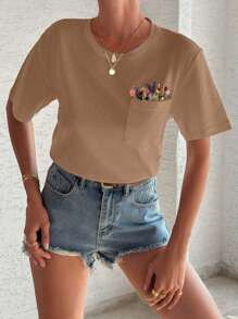 EURMUSE 100%Cotton T-Shirt With Flower Embroidery, Round Collar, Pocket Details - Brown - View 3