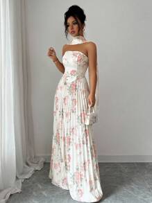 Elenzga Váy lưới chữ A hở vai in hoa thanh lịch lãng mạn cho nữ - Nhiều màu - Xem 4