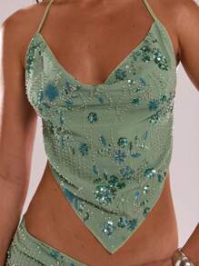 SHEIN BAE Top camisero de verano para mujer en color verde sólido con textura de lentejuelas, Top de tirantes swing, Top estampado de flores con lentejuelas macizas y cuentas, Top verde con cuentas - Verde - Ver 7