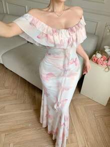 DAZY 1 buah Gaun Lengan Pendek Berenda Bahu Terbuka untuk Wanita, Gaun Panjang Model A-Line Pinggang Ekor Ikan Motif Kupu-kupu Bahu Terbuka - Baby Pink - View 6