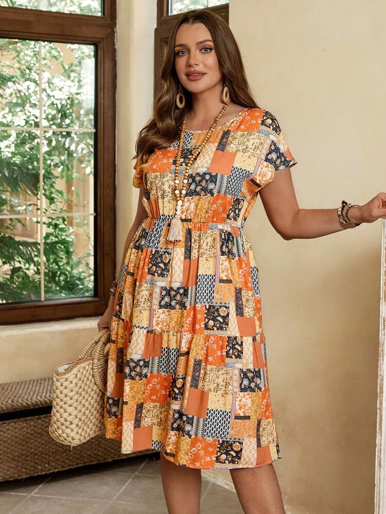 Plus Size Allover Print Round Neck Casual Short Sleeve Dress For Summer, Holiday Outfits,Boho,Summer Outfits For Women,Vacation Outfits For Women,Country Concert Clothing Outfits