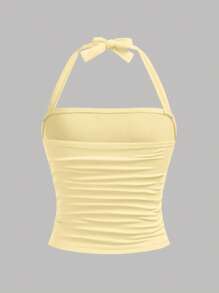 Girlism Teen Girls' Spring & Summer Casual, , All-Match, Daily, Versatile, Teenager Vacation Tube Gathered Elastic Bowknot Fitted Camisole Top Halter Top Yellow Top Bow Top Tie Back Top Ribbed Halter Top - Yellow - View 2
