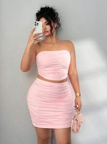 Elenzga Elegant Strapless Backless Top & Solid Color Ruffle Hem Bodycon Skirt 2 Pieces Plus Size Set - Coral Pink - View 8