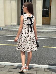 SHEIN Robe décontractée à col rond, imprimé kaki avec nœud papillon à la taille et dos, coupe évasée, pour les préadolescentes, pour tous les jours - Kaki - Voir 3