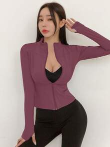 DAZY Áo khoác dài tay cổ bẻ co giãn màu trơn cho nữ, trang phục thể thao & thường ngày, xuân/thu - Màu Hồng Tươi - Xem 4