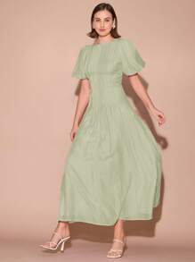 Enchnt Đầm suông tay bồng xếp ly cổ tròn màu trơn thanh lịch cho nữ - Màu xanh Bạc hà - Xem 4